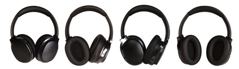 A set of black wireless headphones from different angles on a white isolated background