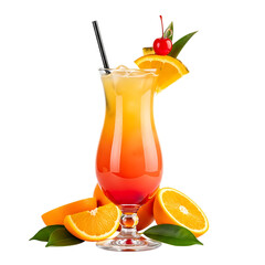 Orange cocktail drink with slices and cherry isolated on transparent background