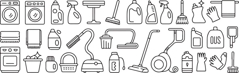Cleaning line icons. Home cleaning. Clean up the house. Washing floors, windows, dishes, clothes and linen. Sweeping the floor and wiping dust. Outline icon collection.