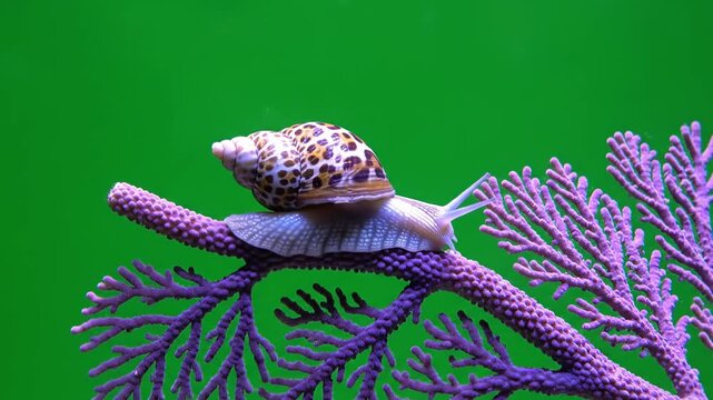 Snail with patterned shell slowly moving on vibrant purple coral plant.