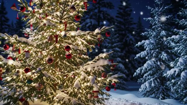 Christmas Trees in a Snowy Forest with Festive Decorations.