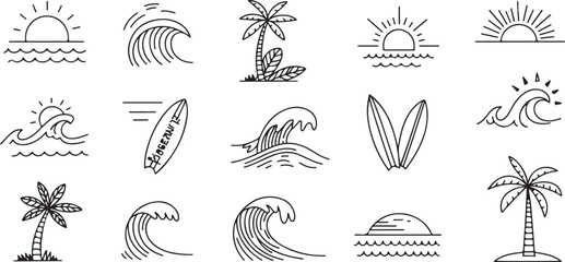 Summer set of icons in line style. vector set with tropical elements like palm trees, waves, surfboards, and sun. Perfect for summer designs,  posters design.
