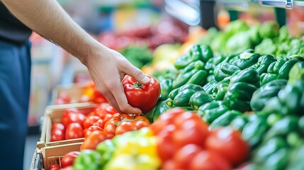 Hand selecting red tomato from grocery store produce display