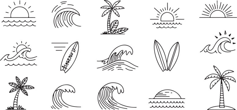 Summer set of icons in line style. vector set with tropical elements like palm trees, waves, surfboards, and sun. Perfect for summer designs,  posters design.