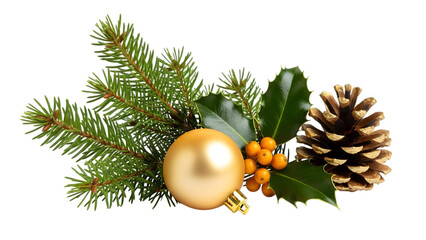 Christmas decoration with pine branches, holly, golden bauble, and pine cone isolated on transparent background