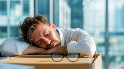 Employee man sleeping on a cardboard moving box in a modern office, feeling exhausted and burned out from overworking, facing possible dismissal or unemployment, copy space