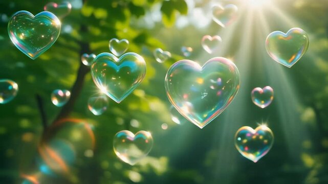 Translucent heart shaped bubbles float gently through sunlight creating a magical dreamy scene with soft reflections