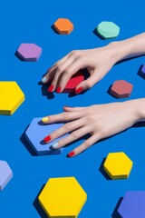 Elegant manicured hands arranging geometric cut-out shapes in clean vivid colors on a bright minimal surface