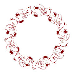 Round design featuring teddy bears arranged in a circle with red outlines