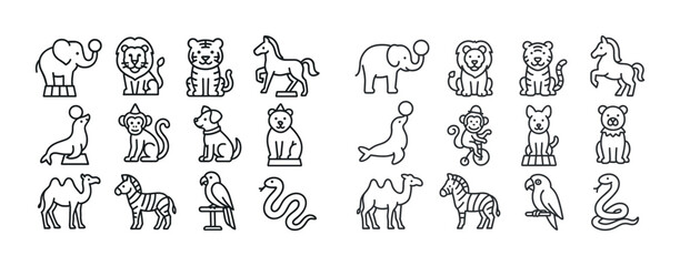 Outline icons of circus animals including elephant, lion, tiger,