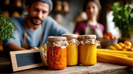Canned food donation set on long table with rows of tins for community support