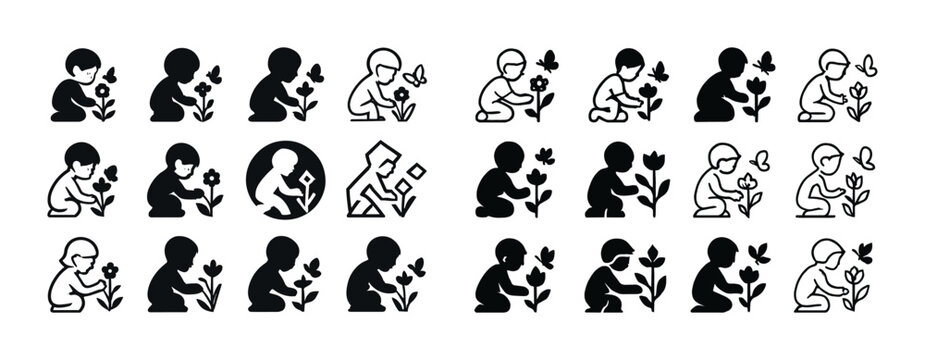 Child icons interacting with nature: silhouettes of boys seated