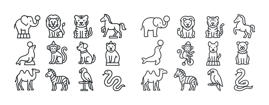 Outline icons of circus animals including elephant, lion, tiger,