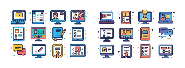Colorful e-learning and online education icons set