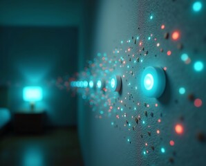 Abstract light trails and glowing buttons on wall