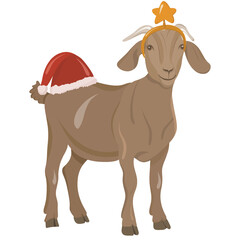 Soft and friendly Chinese zodiac goat wearing a Santa hat and festive star. A warm holiday illustration perfect for winter decor, seasonal content, and themed merchandise.