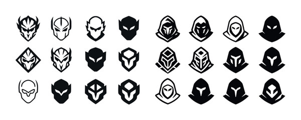 Collection of fantasy mask and helmet icons in black and white d