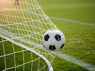 Soccer ball in goal net on green football field
