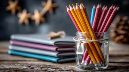 Collection of school supplies in glass jar and notebooks for donation initiative