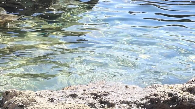 Camera descending over the sea rocks and waves on a bright sunny day