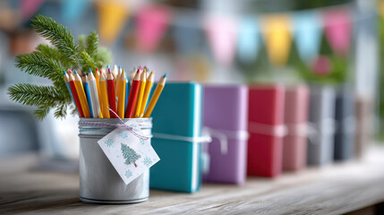 Donation drive for school supplies with colorful notebooks and pencil holder for back-to-school