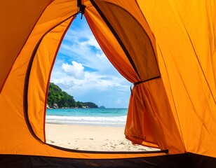 View from inside an orange tent looking out at a scenic beach with turquoise water, blue sky, and green forested land