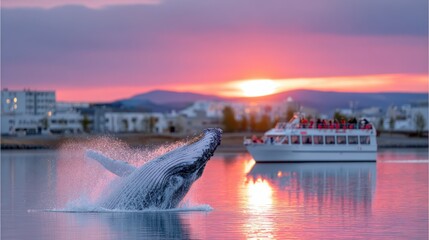 Whale tail splash at sunset with small tour boat in the ocean