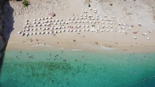Aerial view of beach with people in summer, Oludeniz, Fethiye, Turkey