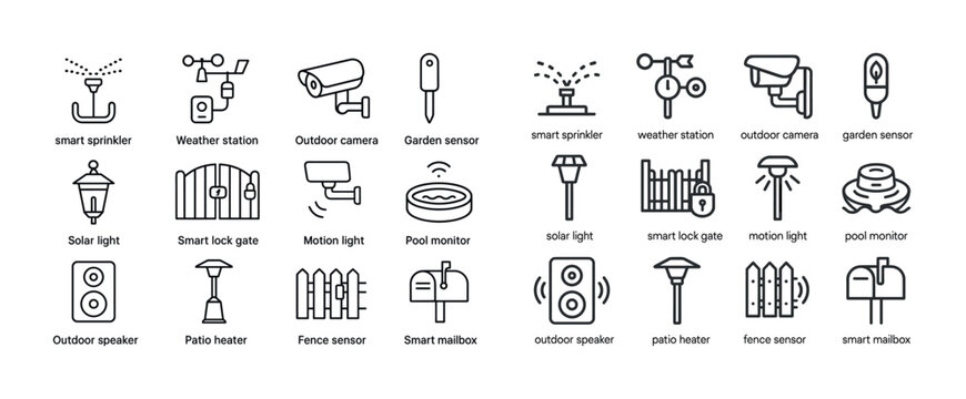 Smart home devices: sensors, cameras, and automation icons