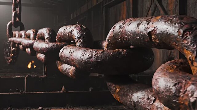 Close-up of a rusty metal chain in a dark industrial setting.