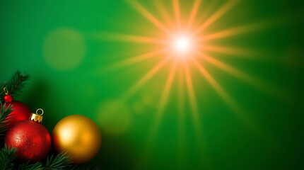 Christmas Ornaments with Light Burst on Green Background With Copy Space