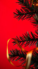 Festive Christmas Tree Branch with Yellow Gold Ribbon Vertical Background 