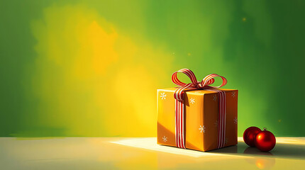 Wrapped Present with Christmas Ornaments on Yellow-Green Background With Copy Space