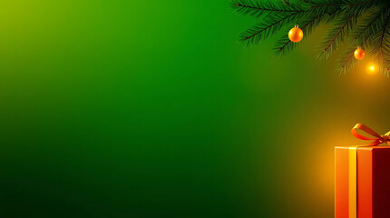 Christmas Gift Box with Ornaments on Green Background With Copy Space