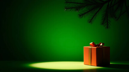 ChristmaS Gift With Minimalistic Green Background And  Pine Branch