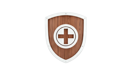 Wooden Shield with Medical Cross Symbol on White Background