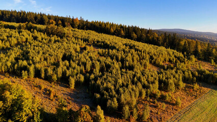 Beautiful morning landscape in the Appalachian Mountains of North Carolina, USA. The Grand Smoky Mountains in autumn. Drone view.