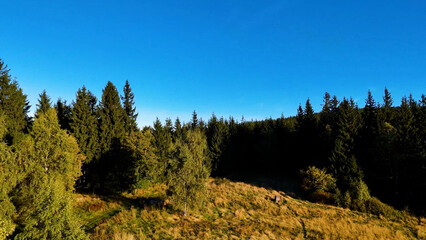 Beautiful morning landscape in the Appalachian Mountains of North Carolina, USA. The Grand Smoky Mountains in autumn. Drone view.