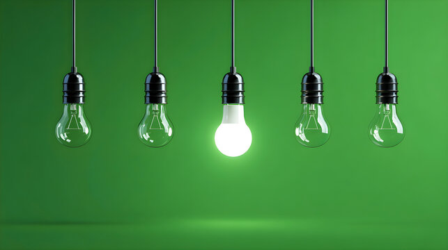 Illuminated light bulb standing out from group concept