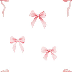 Pink watercolor bows seamless pattern. Soft romantic ribbon background for stationery and textile design.