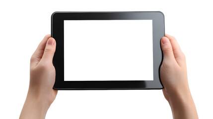 Hands holding blank screen tablet on white background
