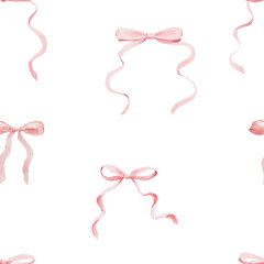Pink ribbon watercolor seamless pattern. Playful bow background for wrapping paper and textiles.

