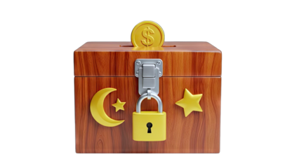 Wooden Treasure Box with Coin, Lock, and Decorative Elements
