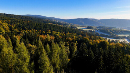 Beautiful morning landscape in the Appalachian Mountains of North Carolina, USA. The Grand Smoky Mountains in autumn. Drone view.