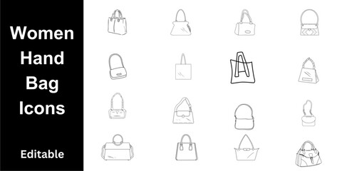 16 Vector Outline Icons of Various Women's Bags, Graphic Design Element Collection