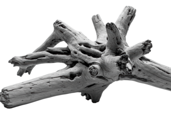 High contrast monochrome macro shot of ancient, bleached driftwood with deep grooves and skeletal limbs, isolated in a white void under dramatic chiaroscuro lighting, abstract still life study of