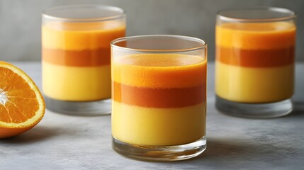 Layered orange and carrot juice in glasses with orange slice