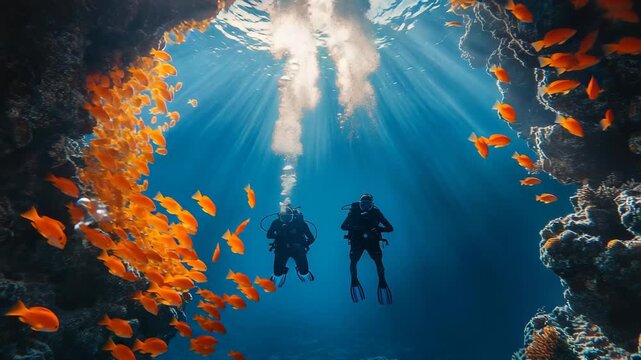 Two scuba divers swimming through a vibrant coral reef surrounded by orange tropical fish with rays of sunlight shining from above, underwater adventure, marine exploration, ocean wildlife discovery.