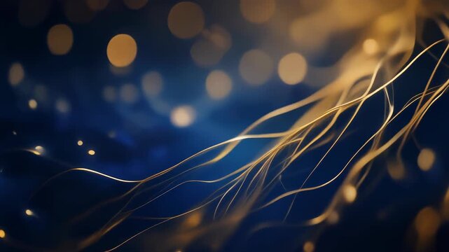 Abstract flowing golden light particles and strands on dark blue background.