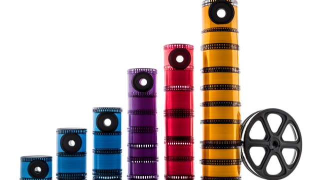 Stacks of colorful film reels arranged in a bar graph formation, isolated on transparent background, depicting visual data - Powered by Adobe